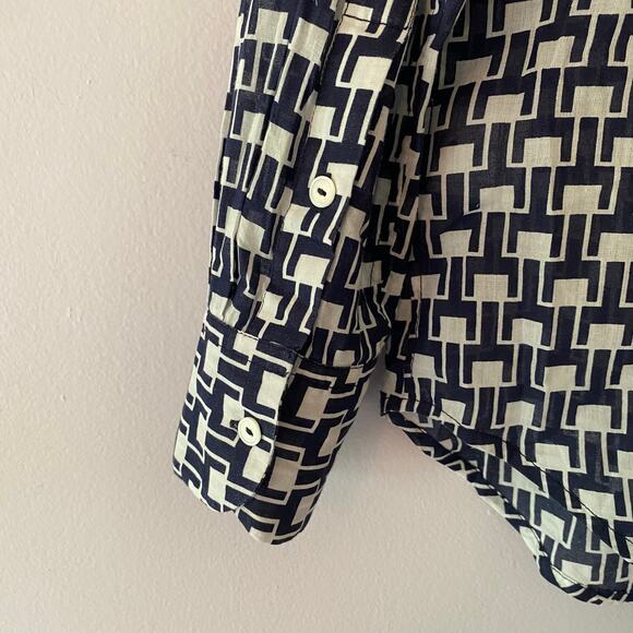 Nili Lotan Navy Blue White Allover Kate Print Button Down Shirt 100 Cotton Small - Picture 7 of 10